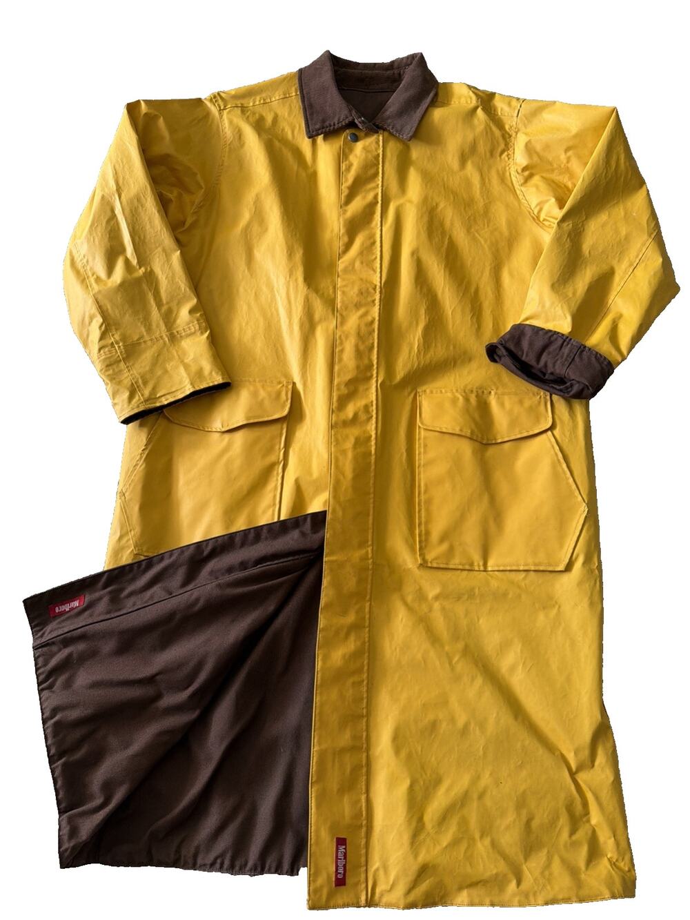Vintage Marlboro Coat Mens Med Yellow PVC Rain Reversible Brown Lined 90s Chore